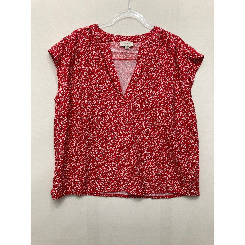 Loft Blouse XL Red Ditsy Floral V-Neck Cap Sleeve Top Casual Summer Feminine